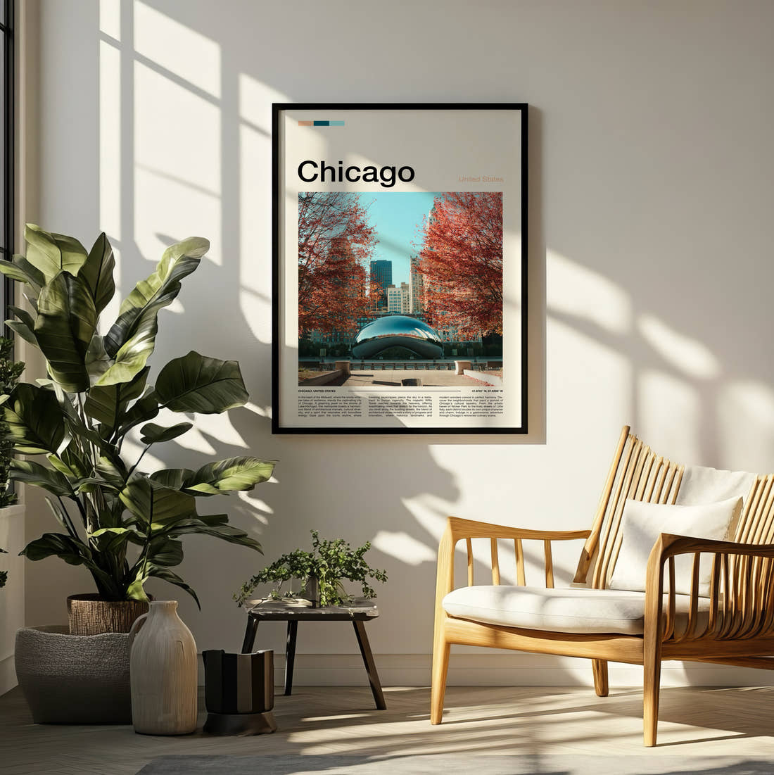 Chicago Cloud Gate In Autumn Travel Print framed on a pale wall beside houseplants