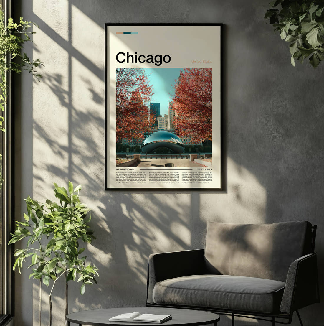 Chicago Cloud Gate In Autumn Travel Print framed on the wall of a relaxed living room