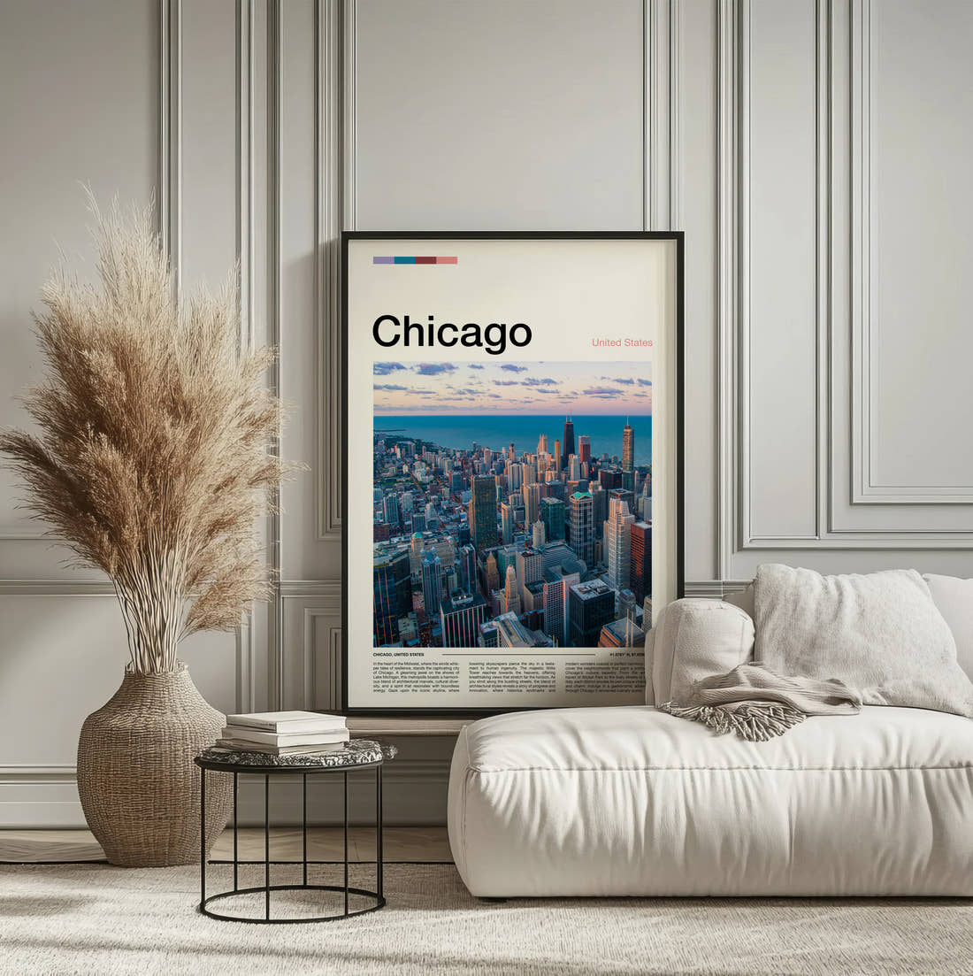 Chicago Skyscrapers By The Lake Travel Print framed on the wall of a calm, neutral bedroom
