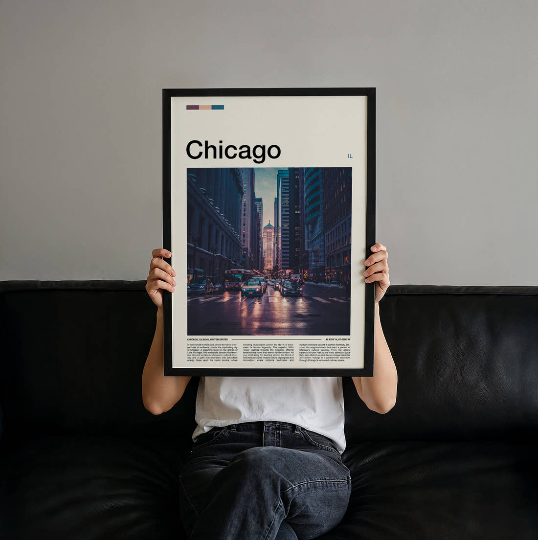 Chicago Street At Sunset Travel Print held up by hand to show the size of the print