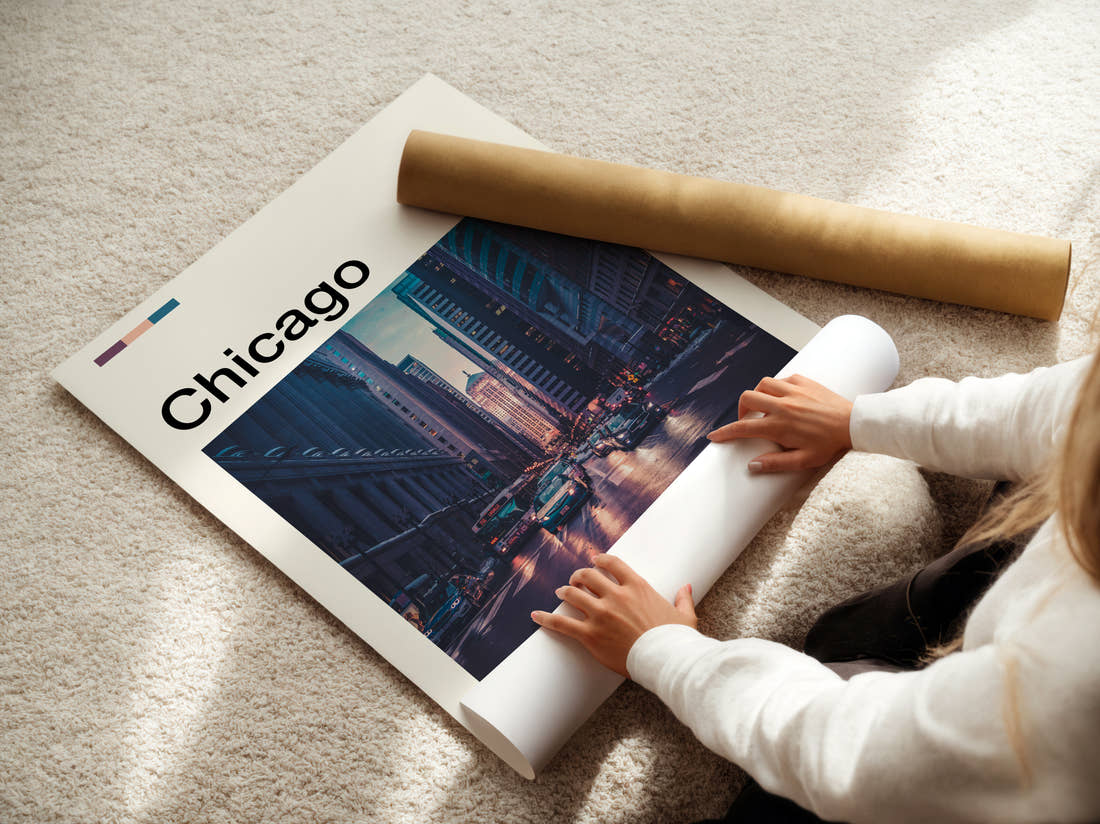 Chicago Street At Sunset Travel Print being unrolled from its postal tube