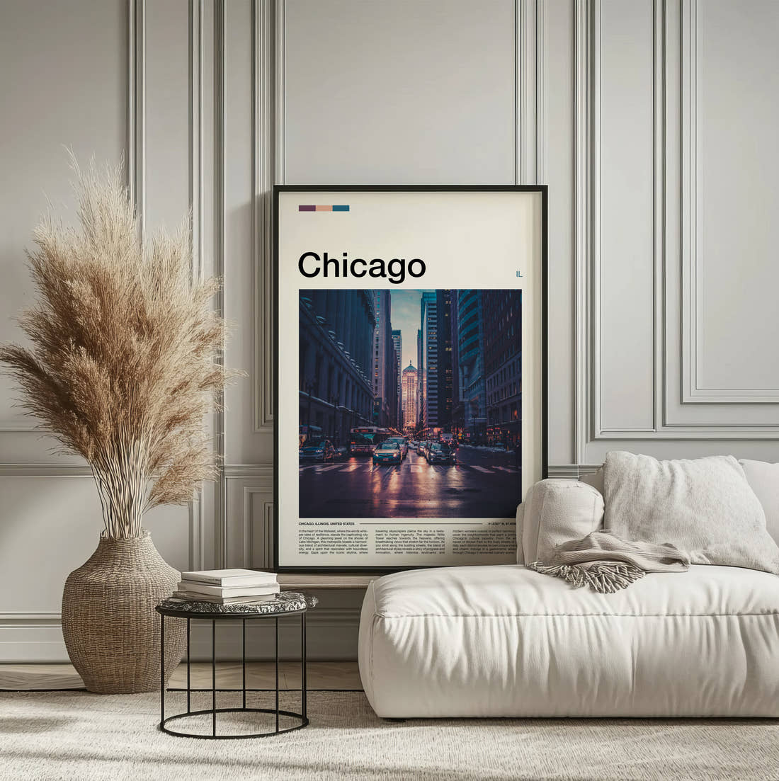 Chicago Street At Sunset Travel Print framed on the wall of a calm, neutral bedroom