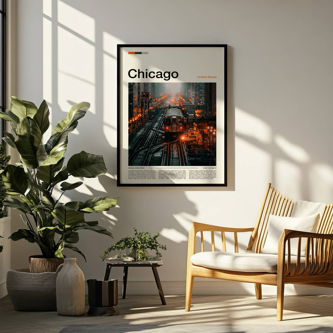 Chicago Elevated Train Travel Print framed on a pale wall beside houseplants