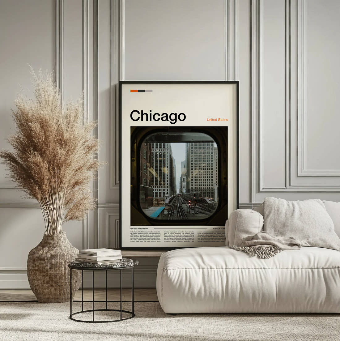 Chicago View From Train Window Travel Print framed on the wall of a calm, neutral bedroom