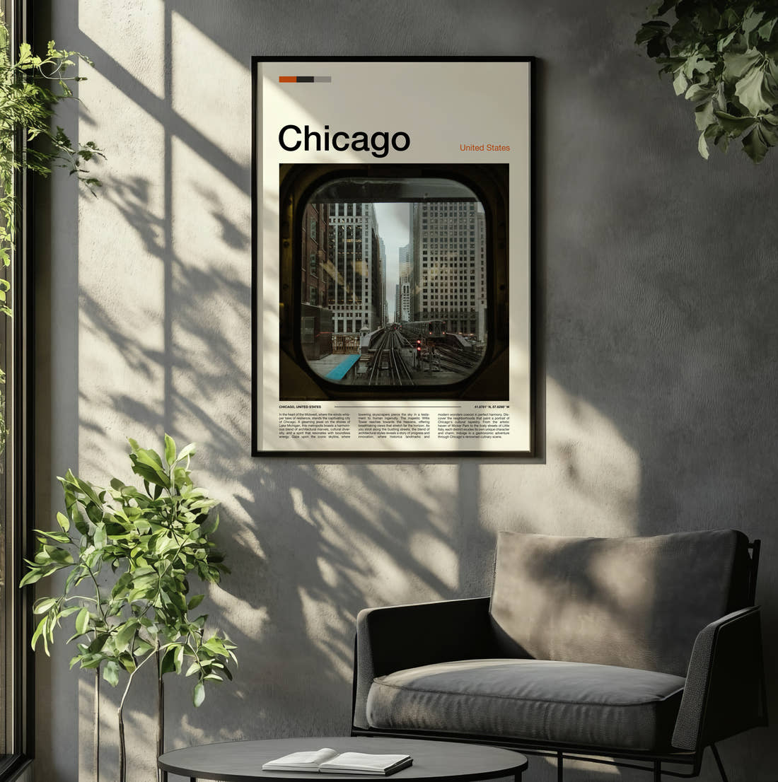 Chicago View From Train Window Travel Print framed on the wall of a relaxed living room