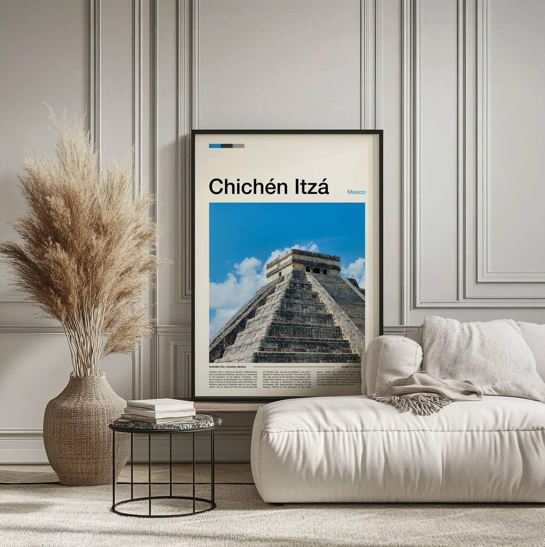 Chichen Itza El Castillo Corner View Travel Print framed on the wall of a calm, neutral bedroom