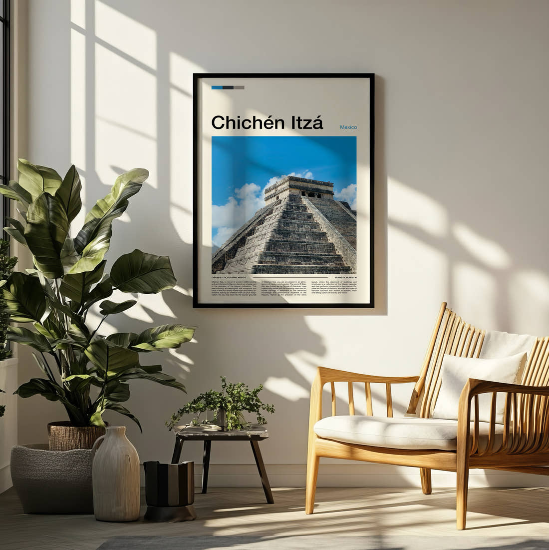 Chichen Itza El Castillo Corner View Travel Print framed on a pale wall beside houseplants