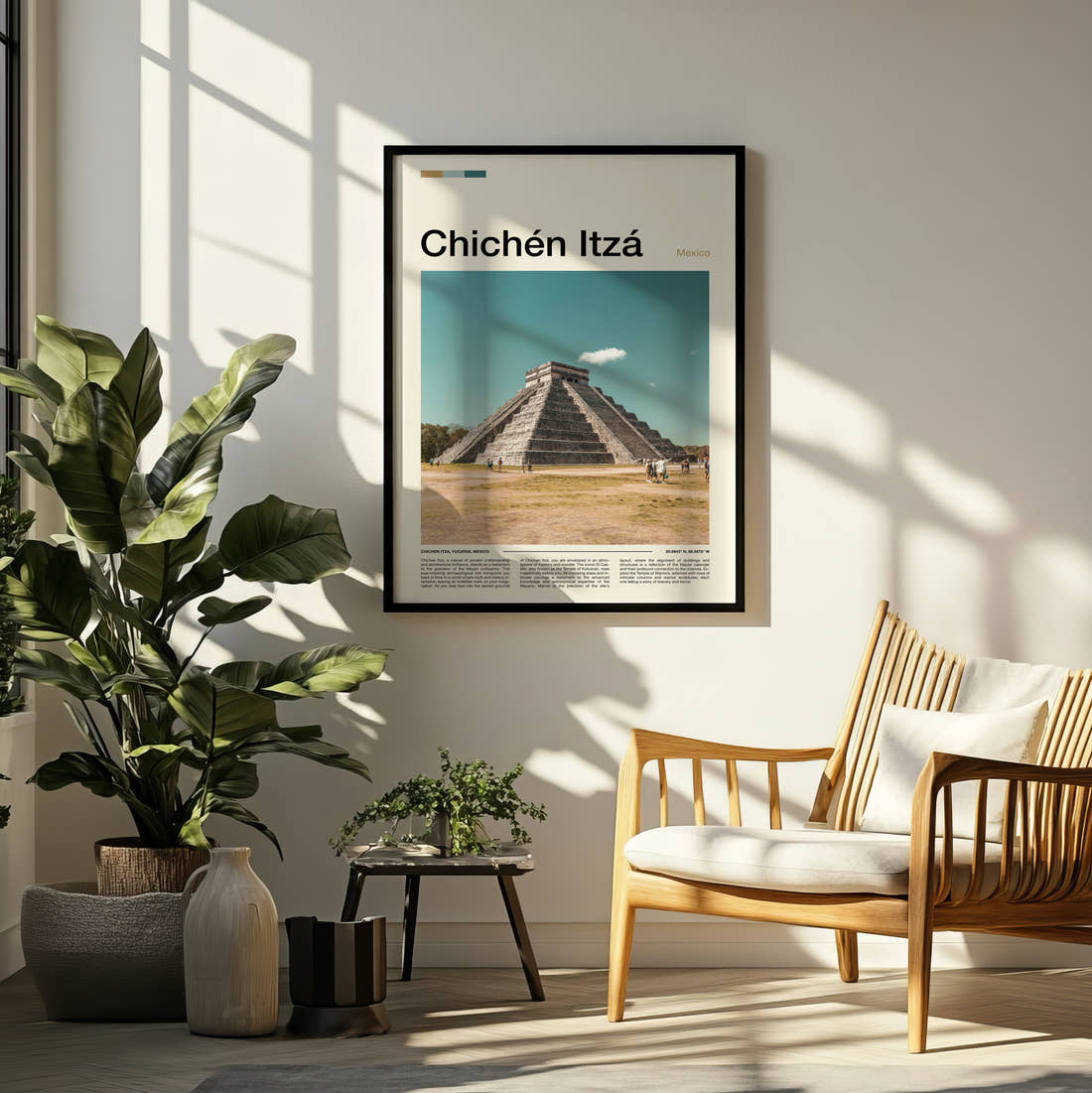 Chichen Itza El Castillo Across The Plaza Travel Print framed on a pale wall beside houseplants