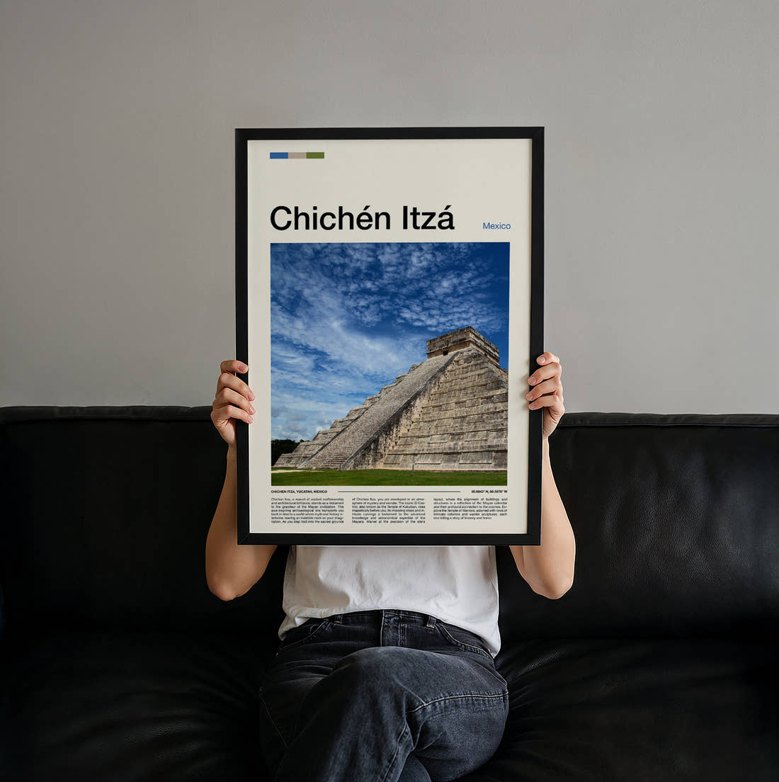 Chichen Itza El Castillo Under Dramatic Clouds Travel Print held up by hand to show the size of the print