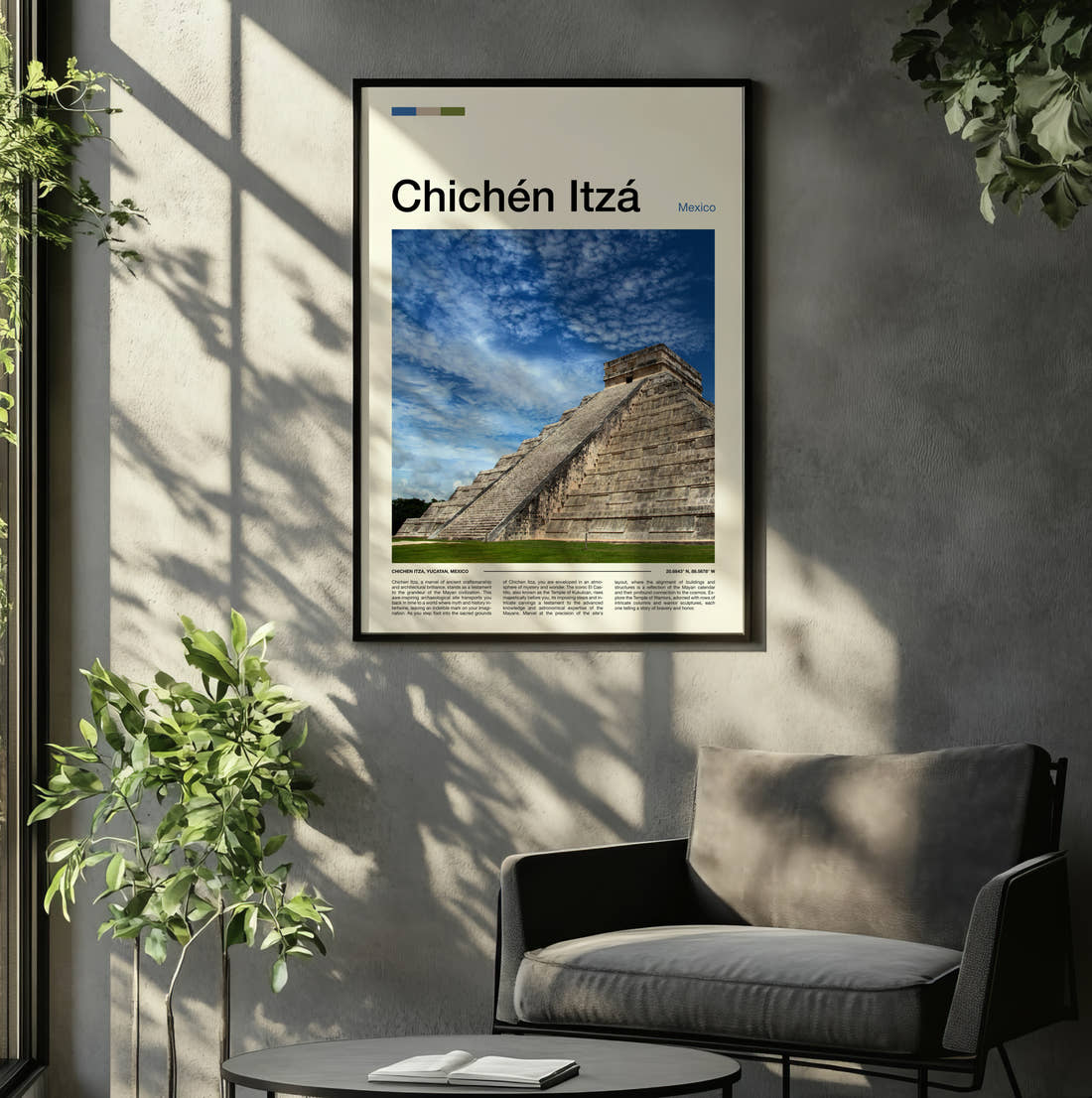 Chichen Itza El Castillo Under Dramatic Clouds Travel Print framed on the wall of a relaxed living room