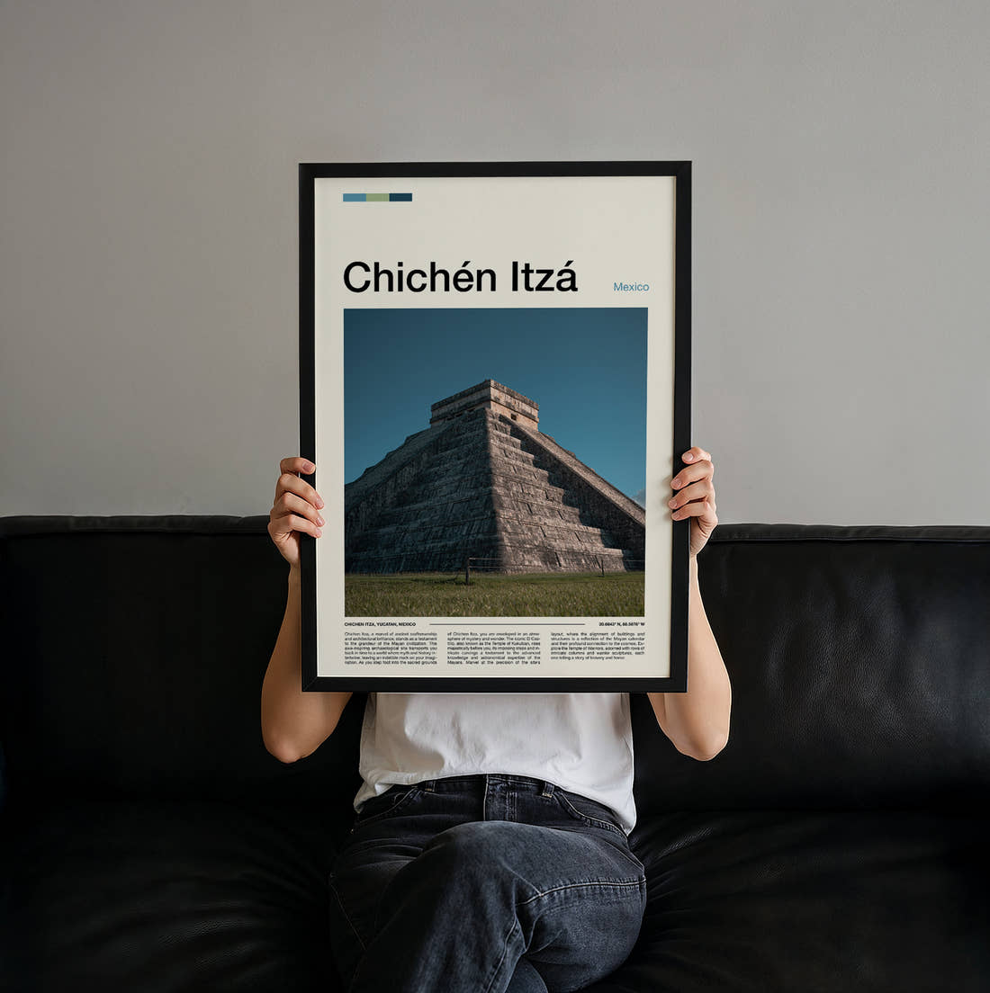 Chichen Itza El Castillo Northern Stairway Travel Print held up by hand to show the size of the print