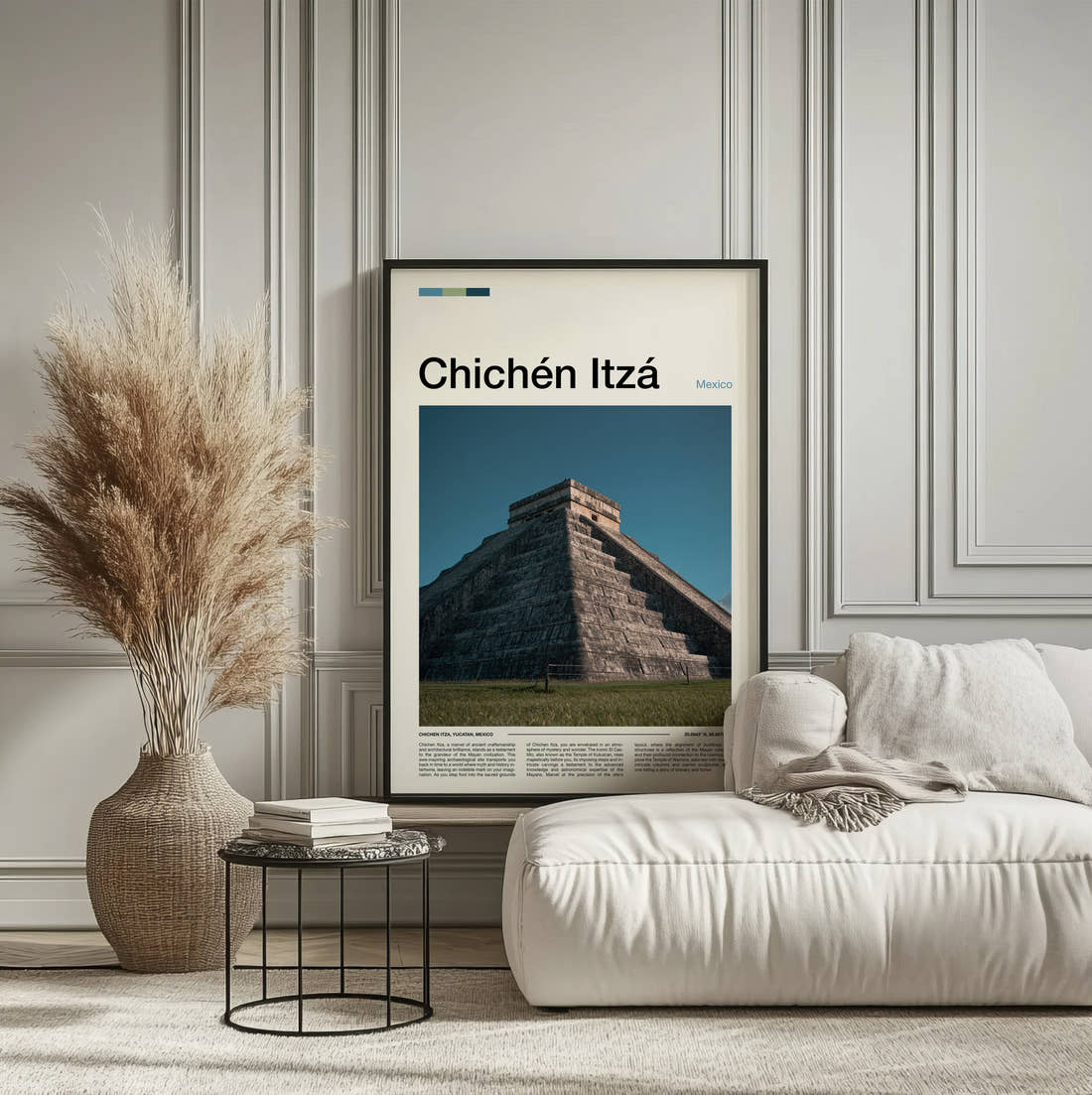 Chichen Itza El Castillo Northern Stairway Travel Print framed on the wall of a calm, neutral bedroom