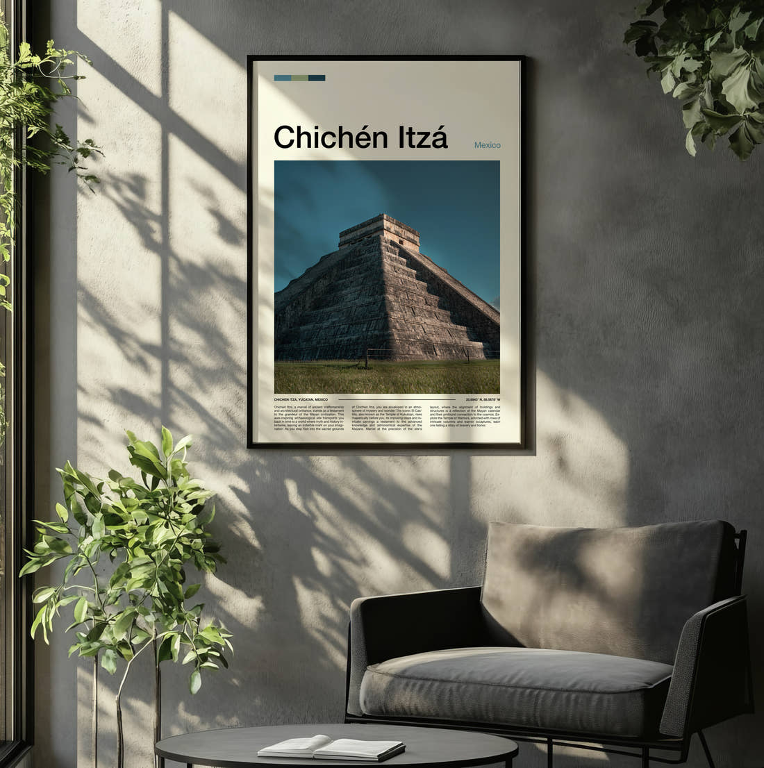 Chichen Itza El Castillo Northern Stairway Travel Print framed on the wall of a relaxed living room