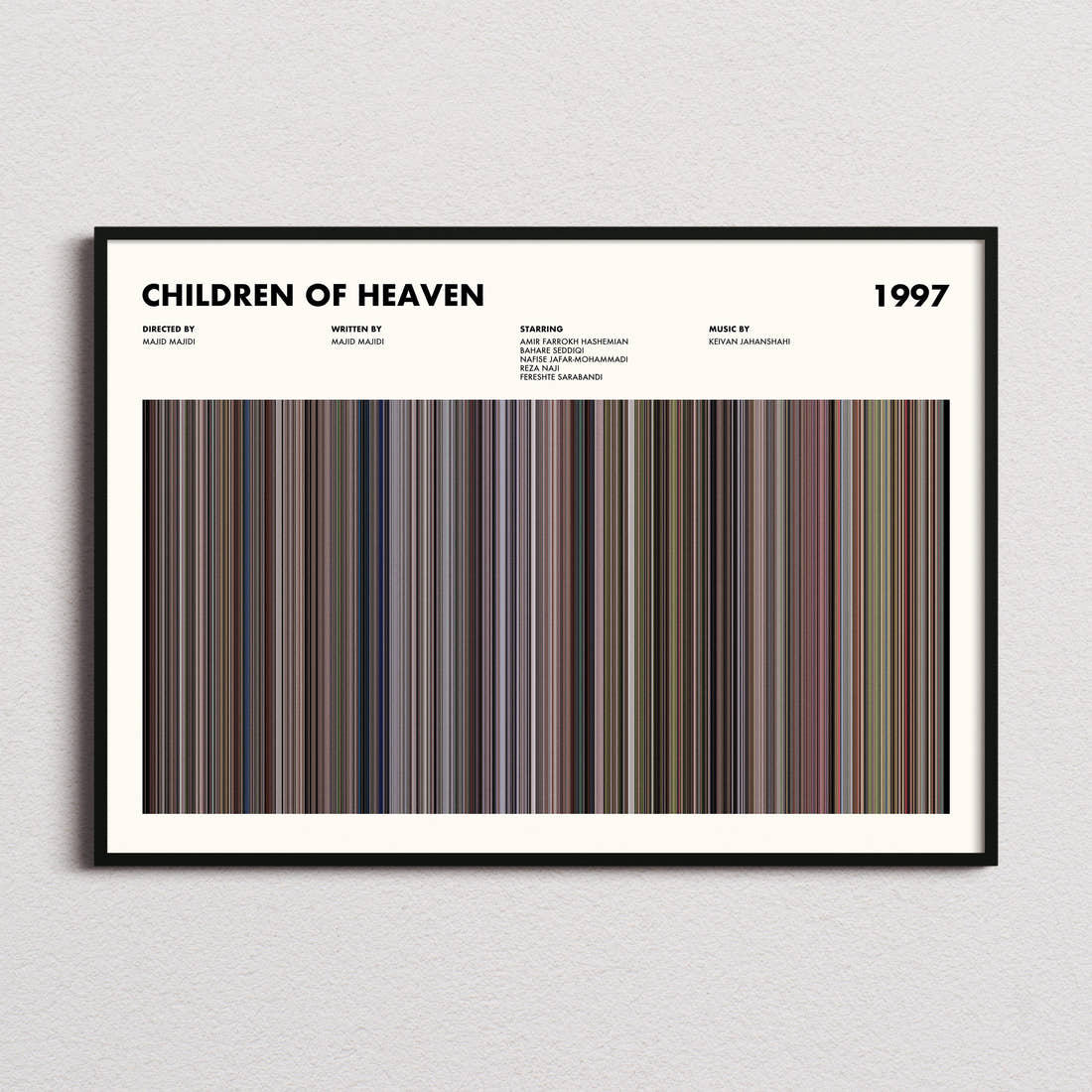 Children of Heaven Movie Barcode Poster framed and photographed straight on