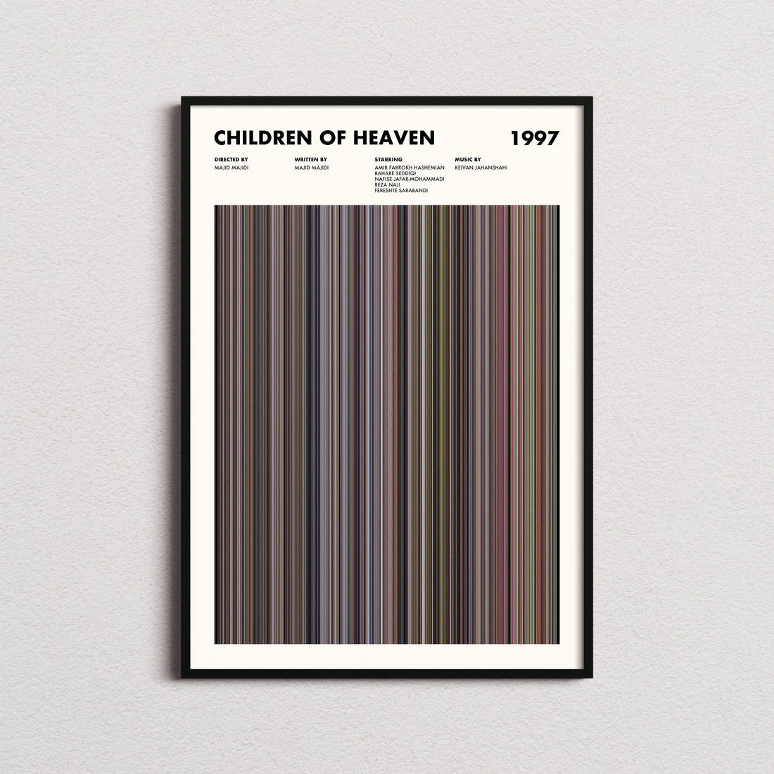 Children of Heaven Movie Barcode Poster framed on a plain studio wall