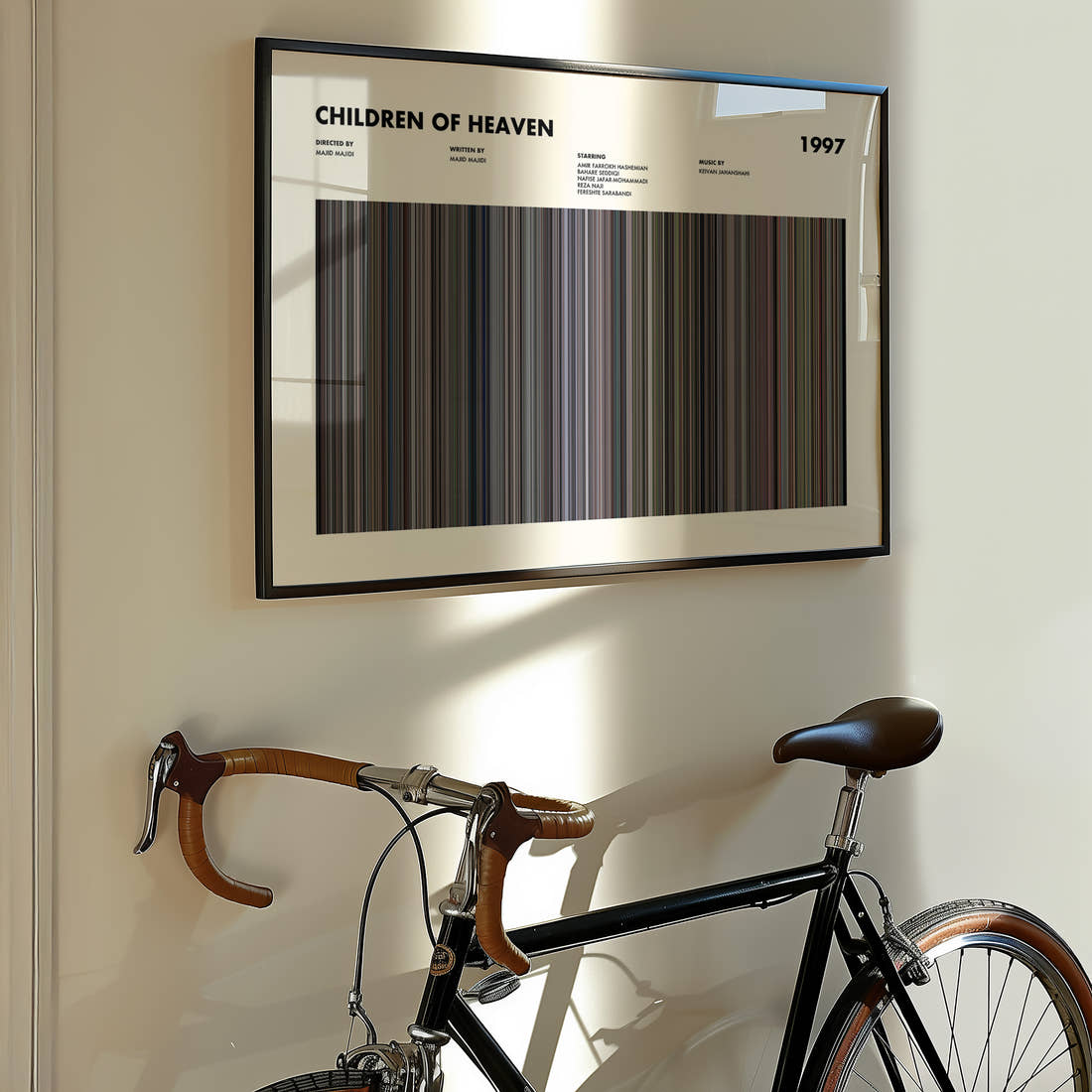 Children of Heaven Movie Barcode Poster framed on the wall of a styled room setting