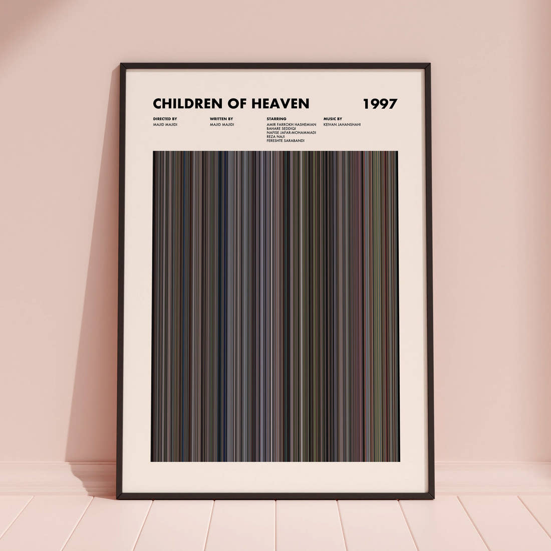 Children of Heaven Movie Barcode Poster framed and leaning against a coloured wall