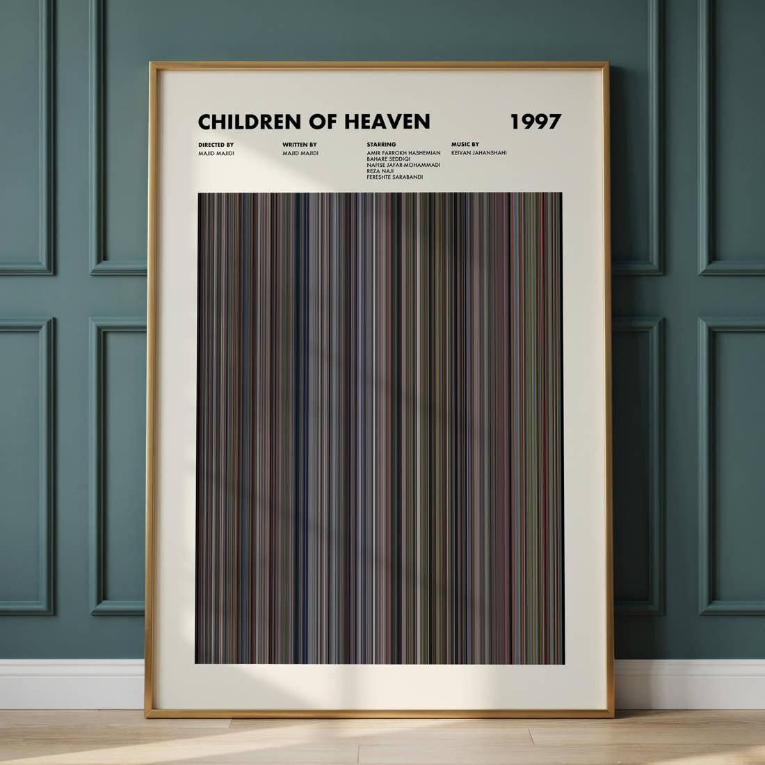 Children of Heaven Movie Barcode Poster framed and leaning against a panelled wall