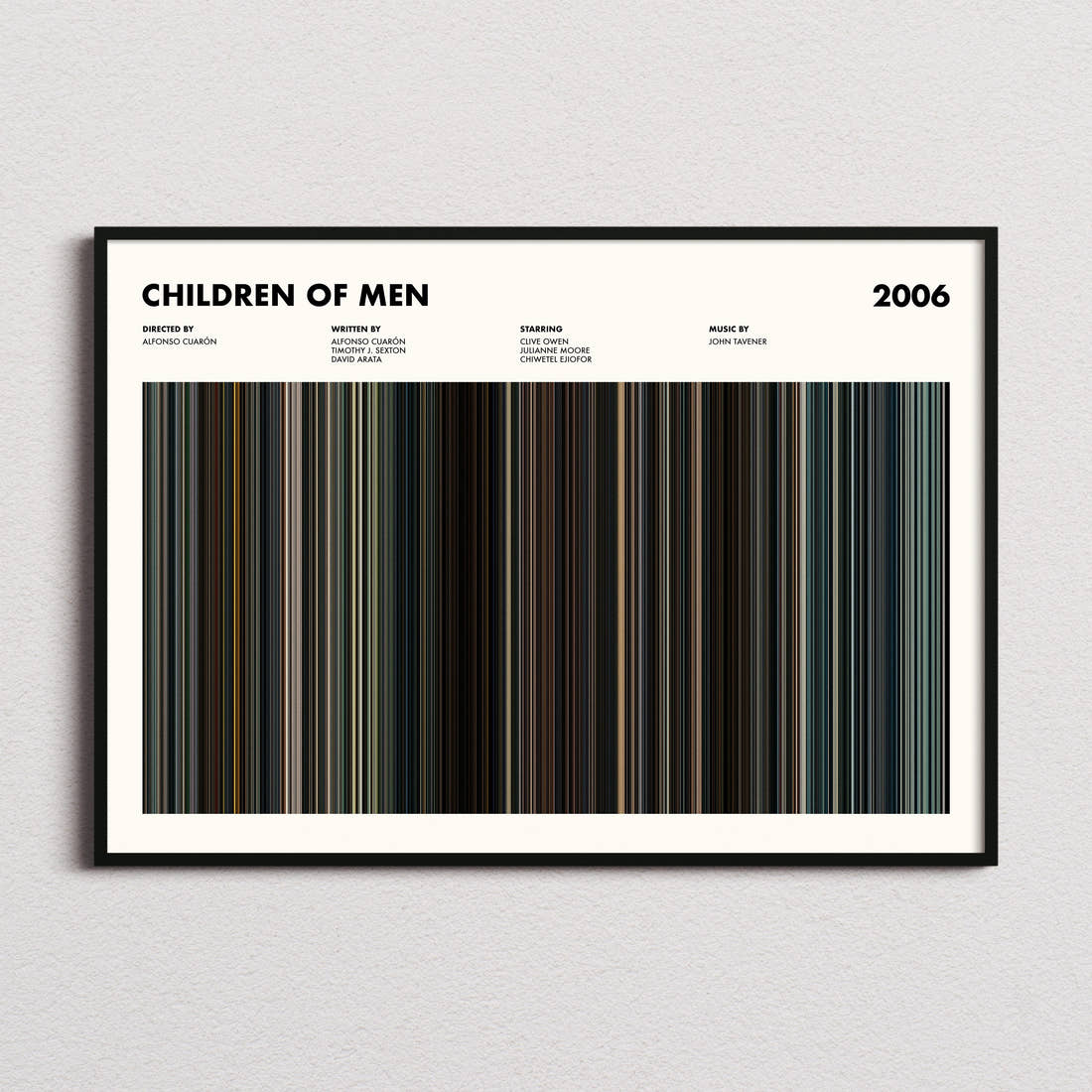 Children of Men Movie Barcode Poster framed and photographed straight on