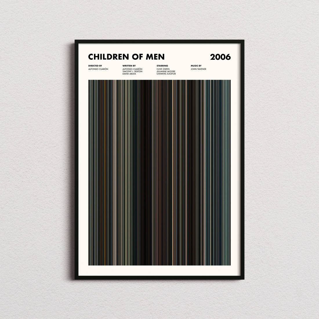 Children of Men Movie Barcode Poster framed on a plain studio wall