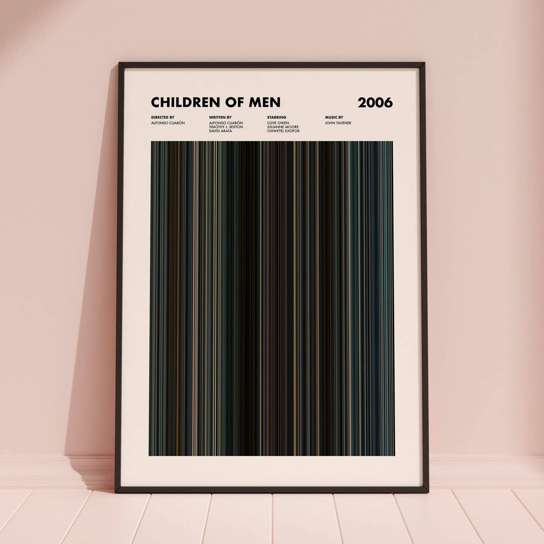 Children of Men Movie Barcode Poster framed and leaning against a coloured wall