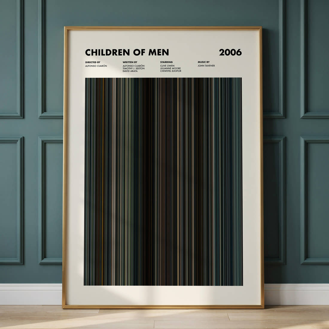 Children of Men Movie Barcode Poster framed and leaning against a panelled wall