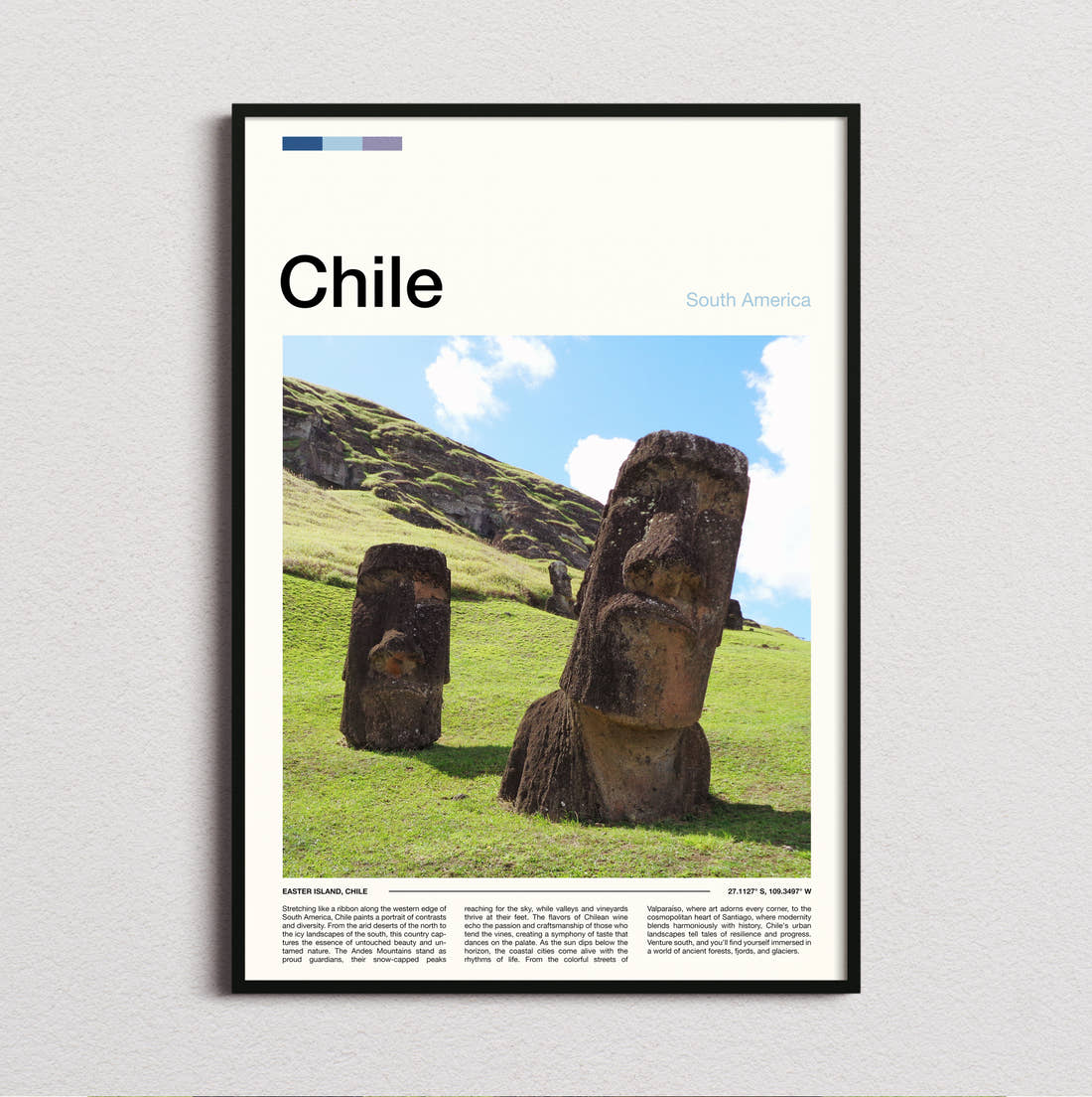 Chile Moai Statues Travel Print framed and photographed straight on