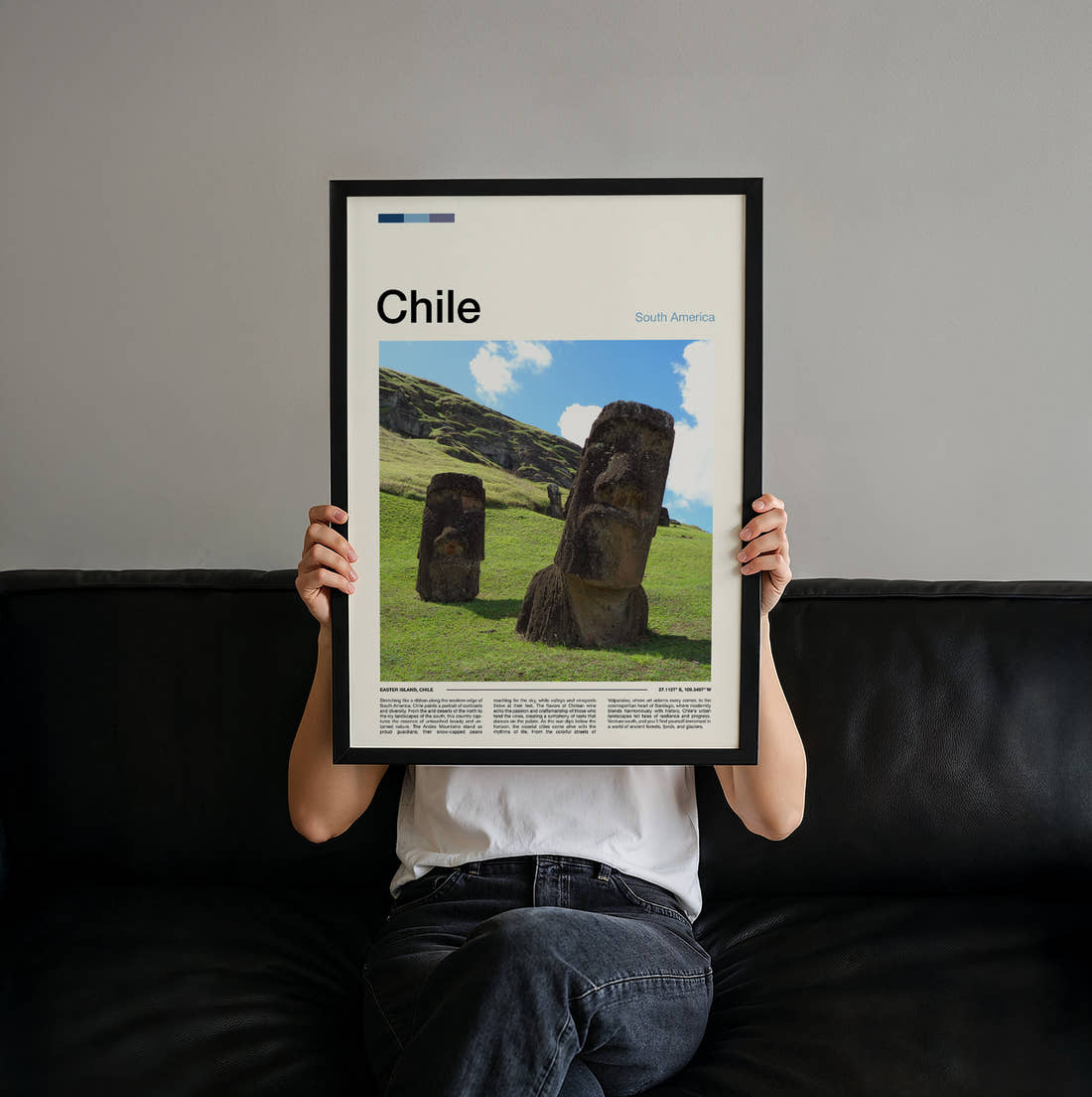 Chile Moai Statues Travel Print held up by hand to show the size of the print