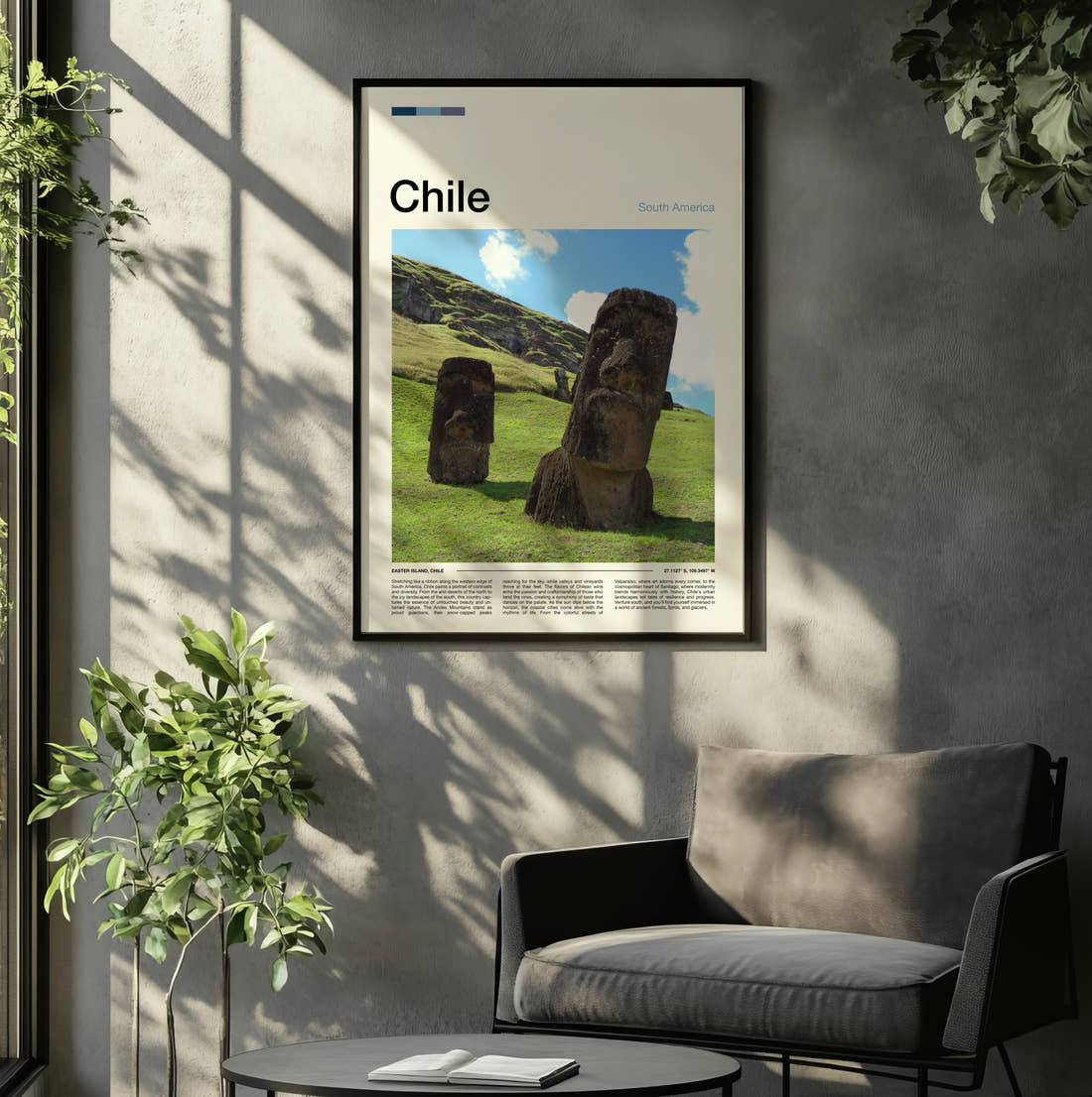 Chile Moai Statues Travel Print framed on the wall of a relaxed living room
