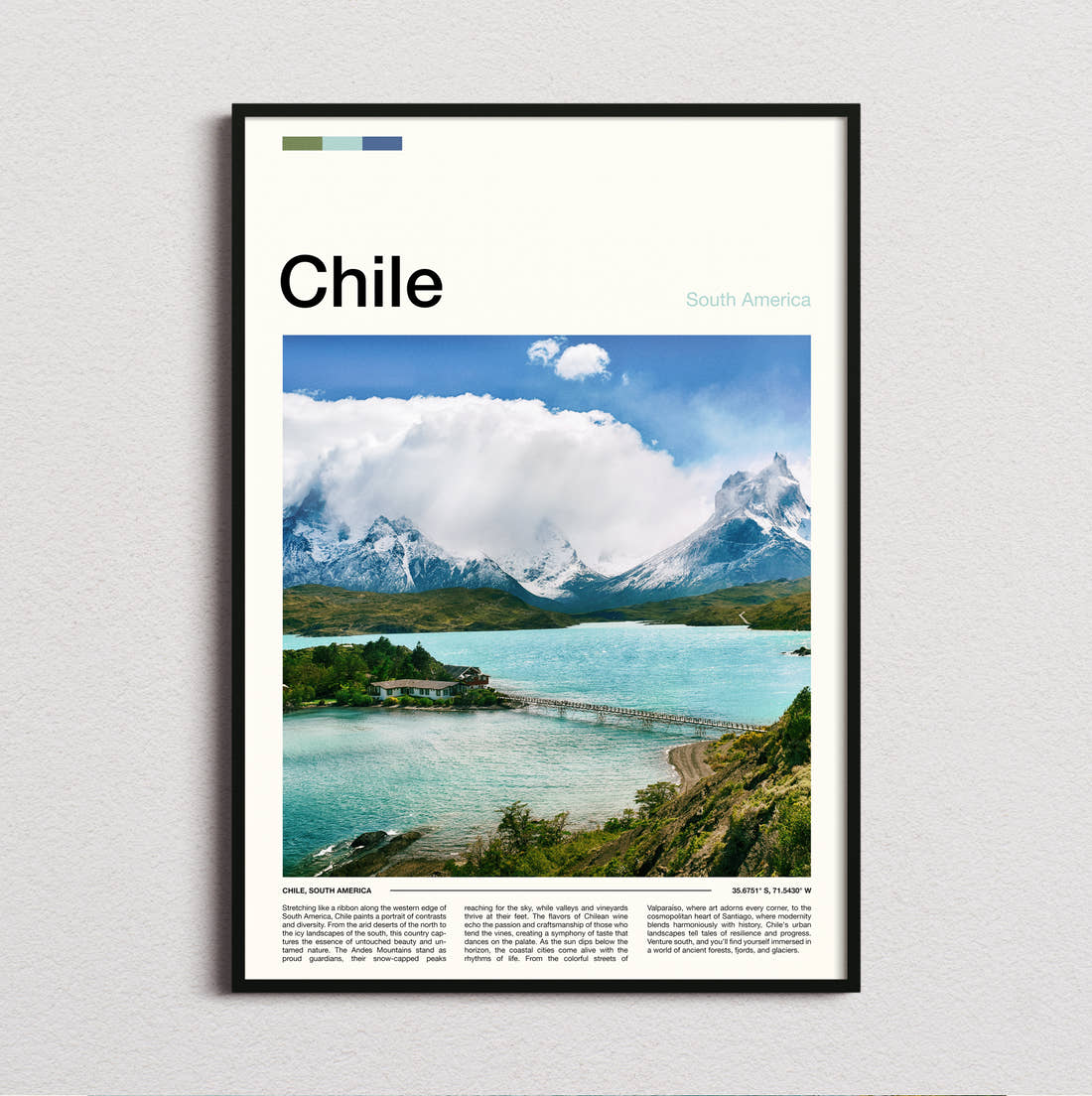 Chile Lake And Snowy Mountains Travel Print framed and photographed straight on
