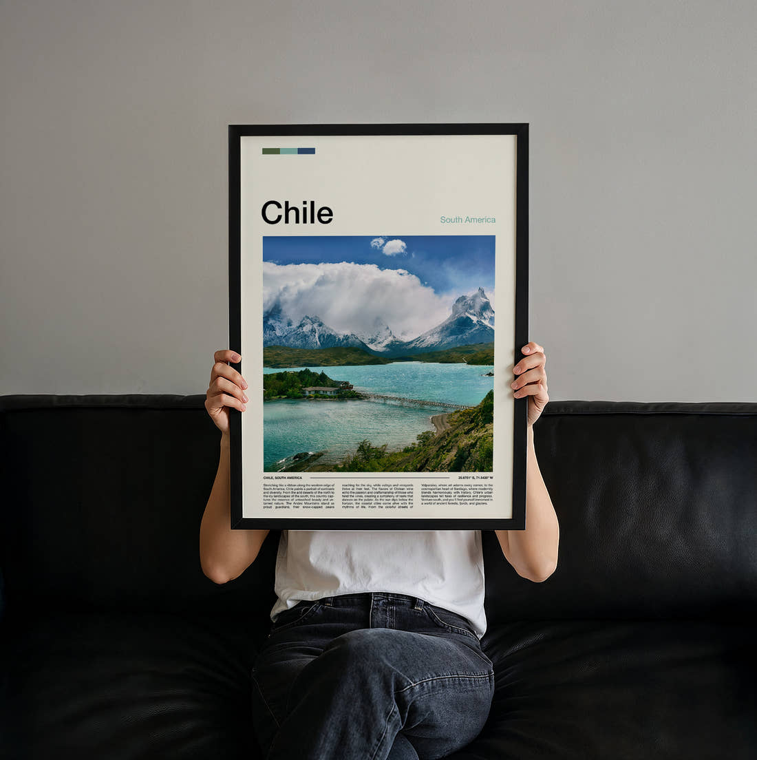 Chile Lake And Snowy Mountains Travel Print held up by hand to show the size of the print