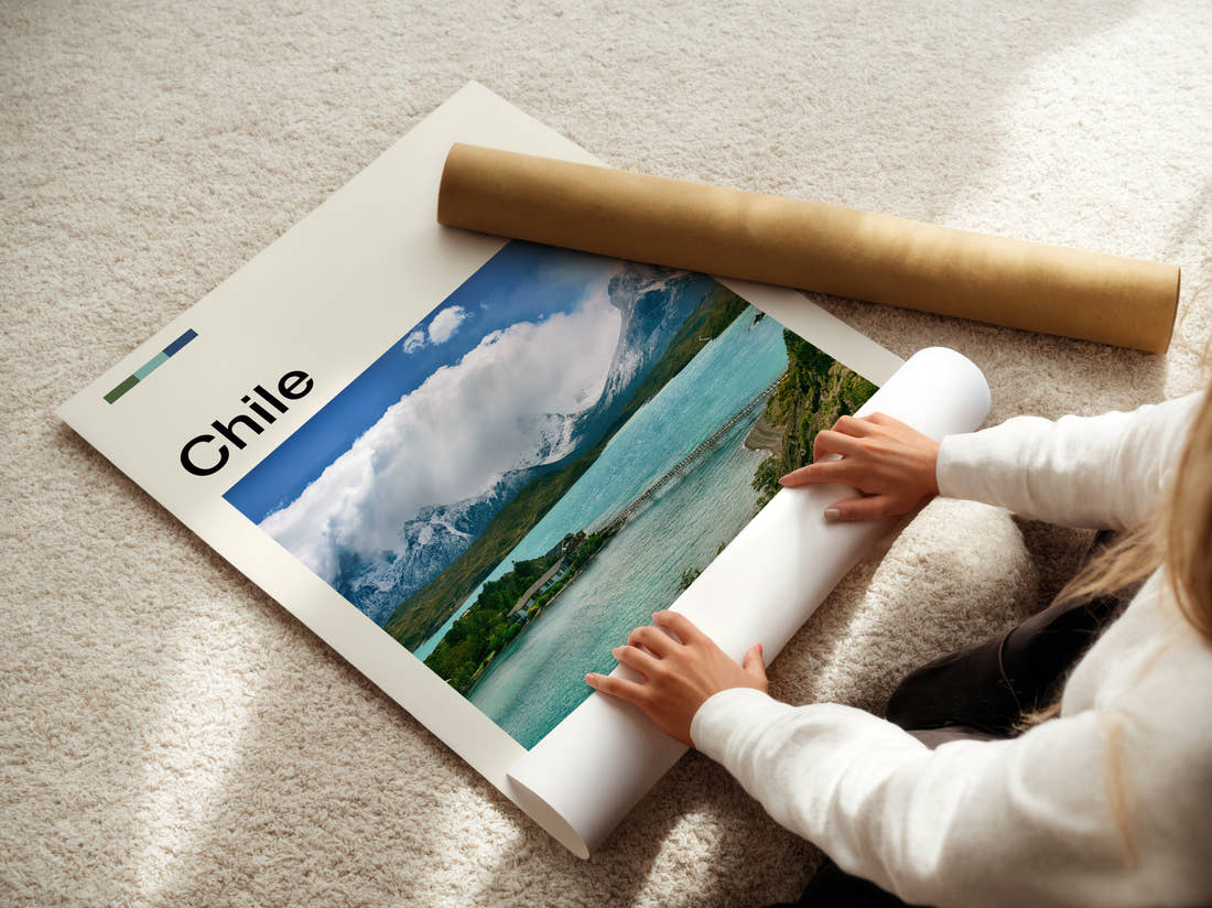 Chile Lake And Snowy Mountains Travel Print being unrolled from its postal tube