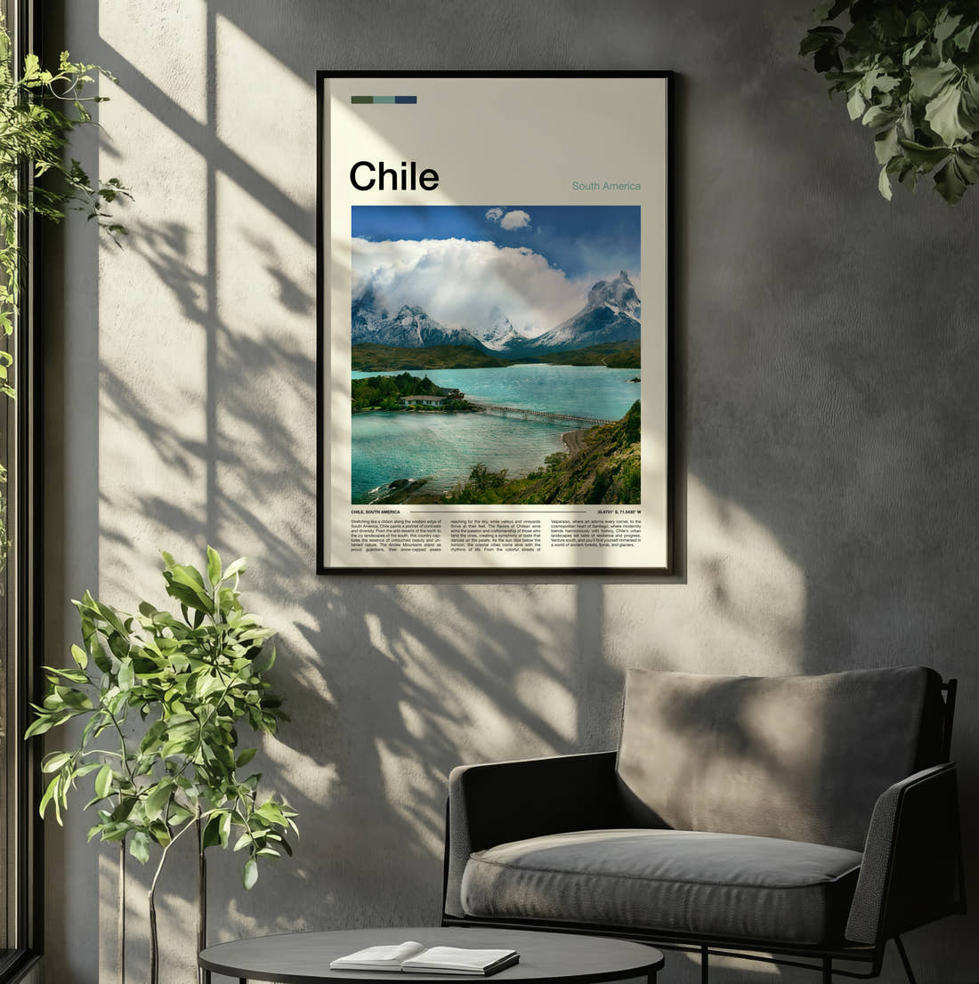 Chile Lake And Snowy Mountains Travel Print framed on the wall of a relaxed living room