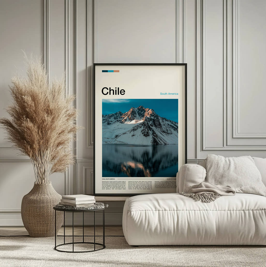 Chile Mountain Reflection Travel Print framed on the wall of a calm, neutral bedroom