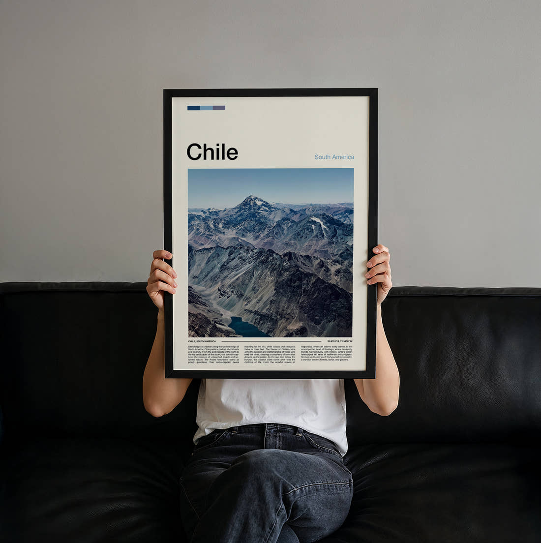 Chile Snowy Mountain Range Travel Print held up by hand to show the size of the print