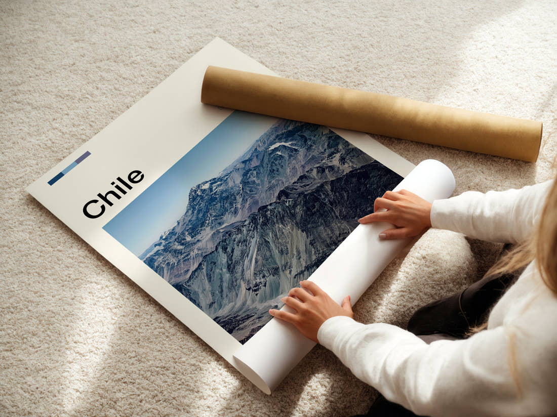 Chile Snowy Mountain Range Travel Print being unrolled from its postal tube