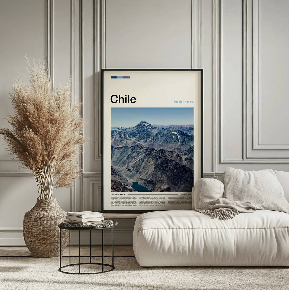 Chile Snowy Mountain Range Travel Print framed on the wall of a calm, neutral bedroom