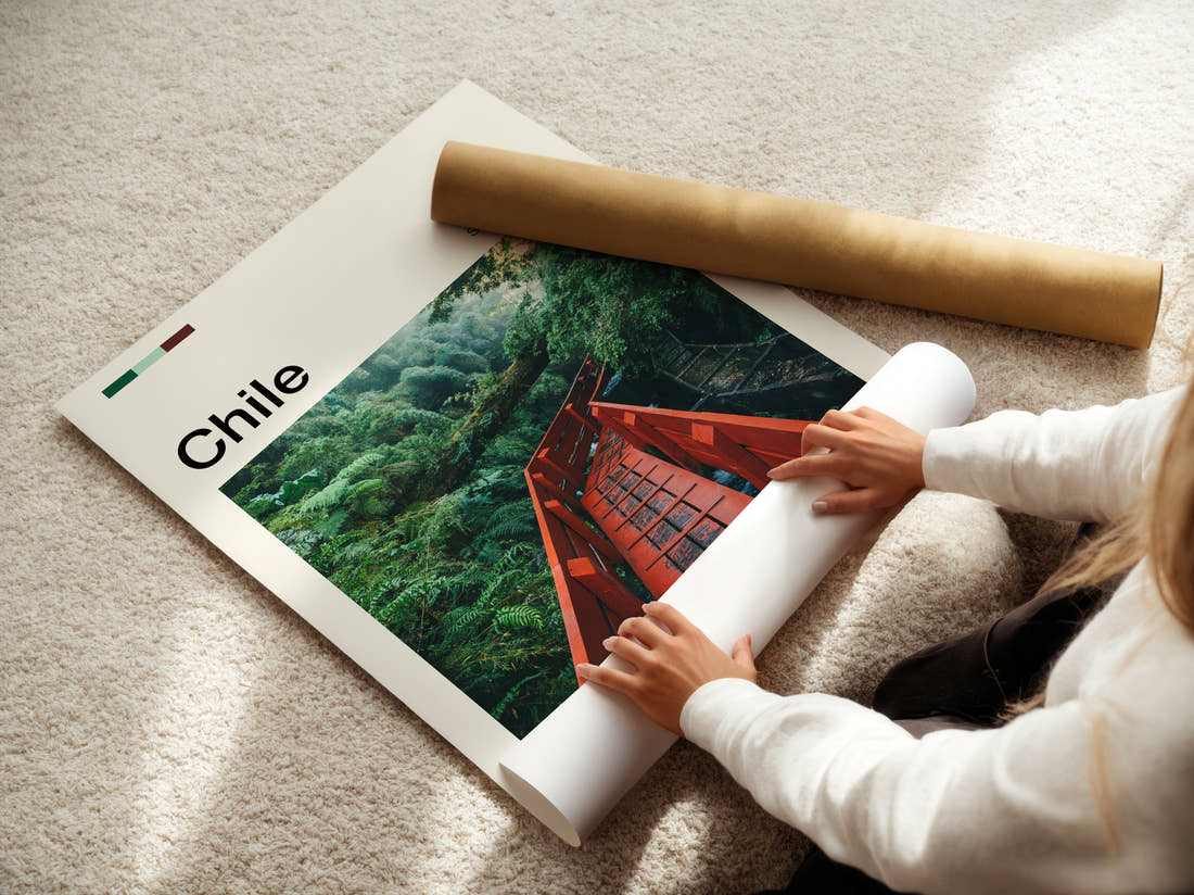 Chile Red Walkway Through Forest Travel Print being unrolled from its postal tube
