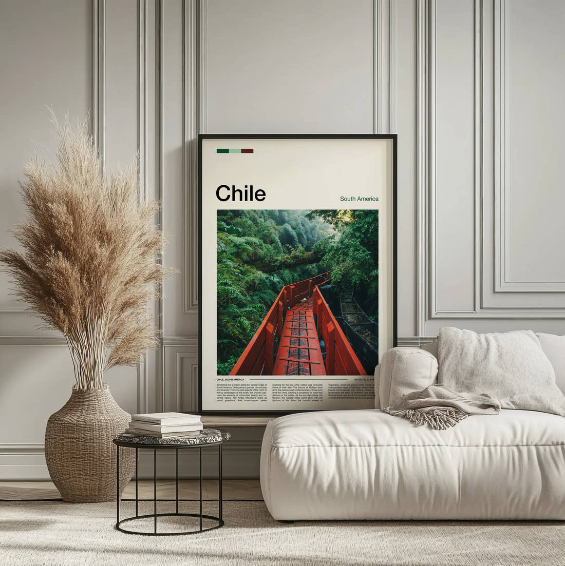 Chile Red Walkway Through Forest Travel Print framed on the wall of a calm, neutral bedroom