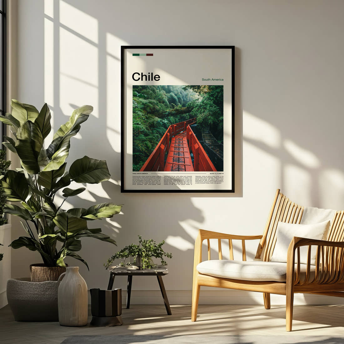 Chile Red Walkway Through Forest Travel Print framed on a pale wall beside houseplants