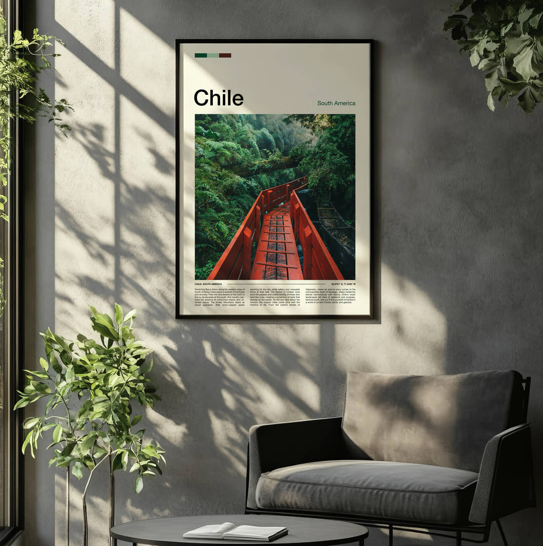 Chile Red Walkway Through Forest Travel Print framed on the wall of a relaxed living room