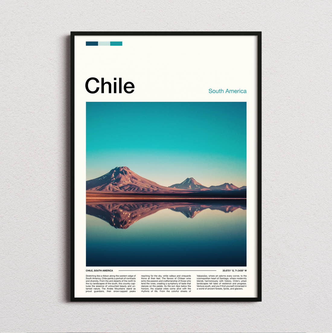 Chile Volcano Reflection Travel Print framed and photographed straight on