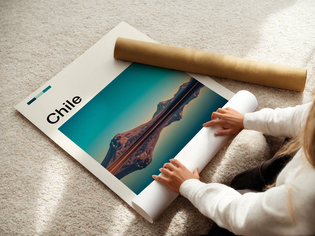 Chile Volcano Reflection Travel Print being unrolled from its postal tube