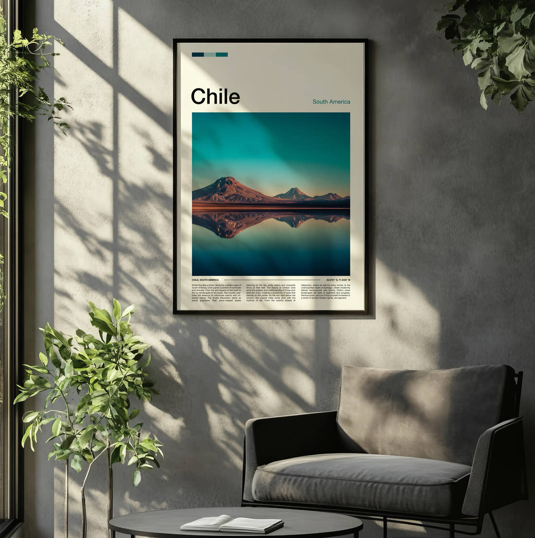 Chile Volcano Reflection Travel Print framed on the wall of a relaxed living room