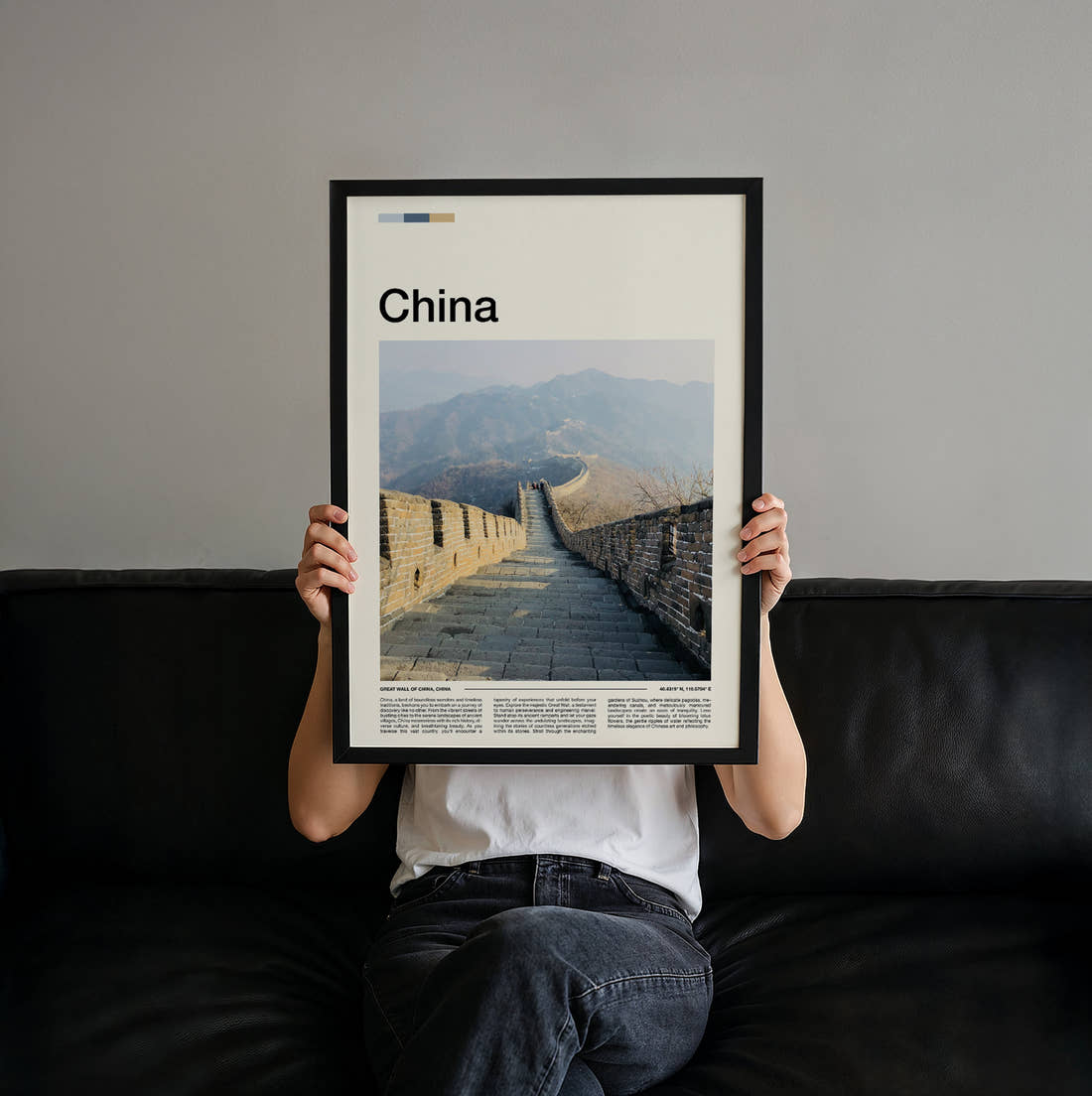 China Great Wall In Winter Mist Travel Print held up by hand to show the size of the print