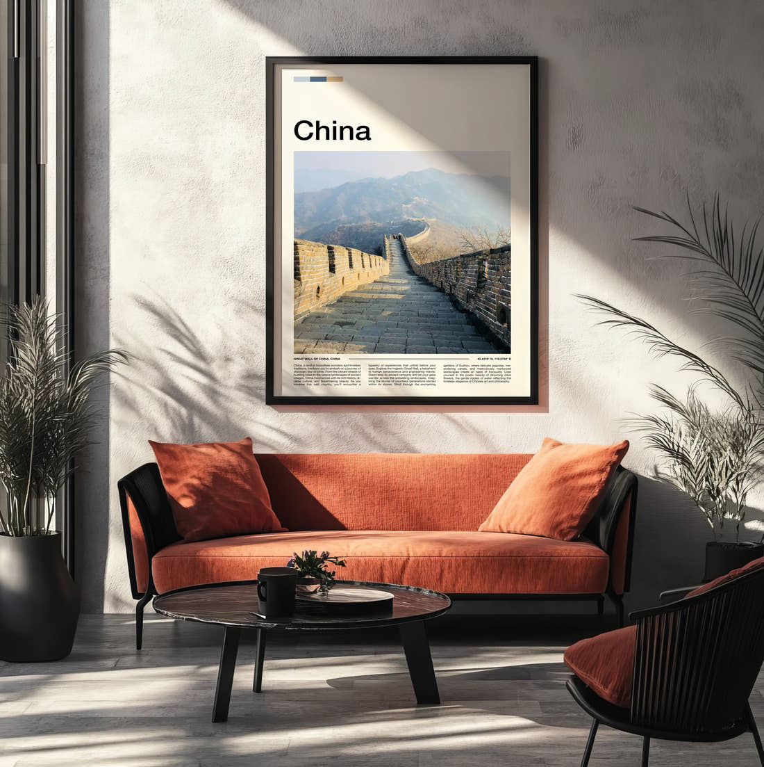 China Great Wall In Winter Mist Travel Print framed on the wall of a modern living room
