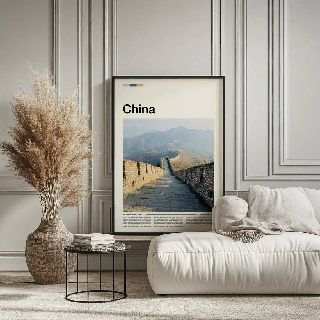China Great Wall In Winter Mist Travel Print framed on the wall of a calm, neutral bedroom