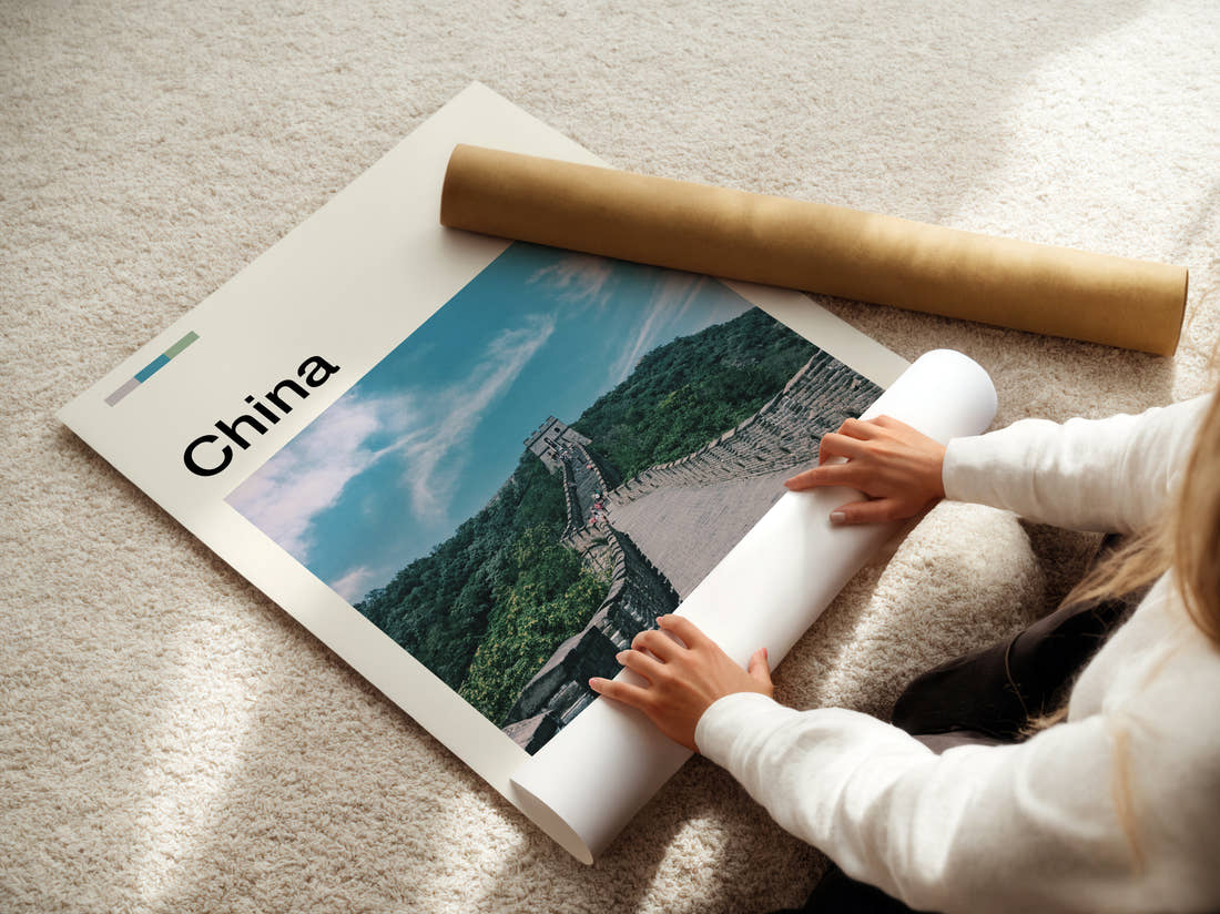 China Great Wall Through Green Hills Travel Print being unrolled from its postal tube
