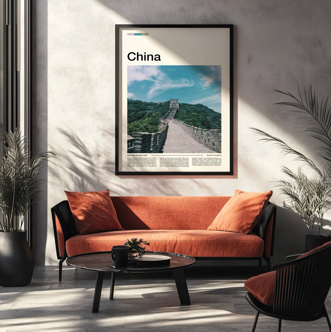 China Great Wall Through Green Hills Travel Print framed on the wall of a modern living room