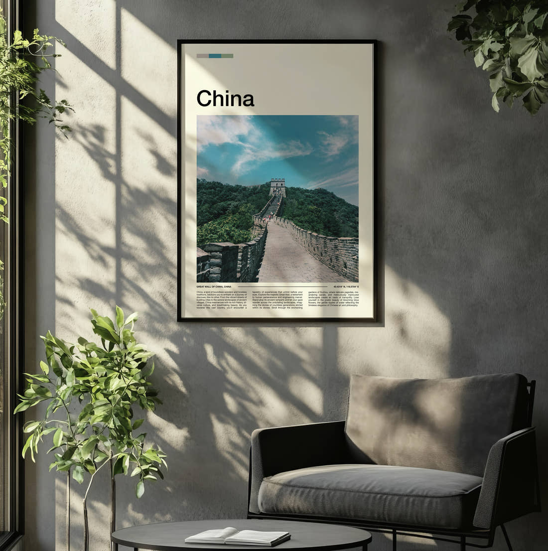 China Great Wall Through Green Hills Travel Print framed on the wall of a relaxed living room
